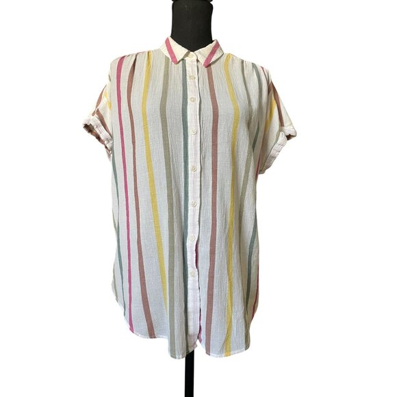 Ava & VIV muslin cotton vertical stripe cap sleeve button front collared top 14W - Picture 2 of 10